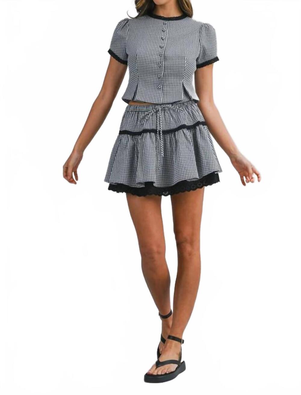 NEW MABLE gingham plaid lace trimmed blouse and mini skirt set in black / white